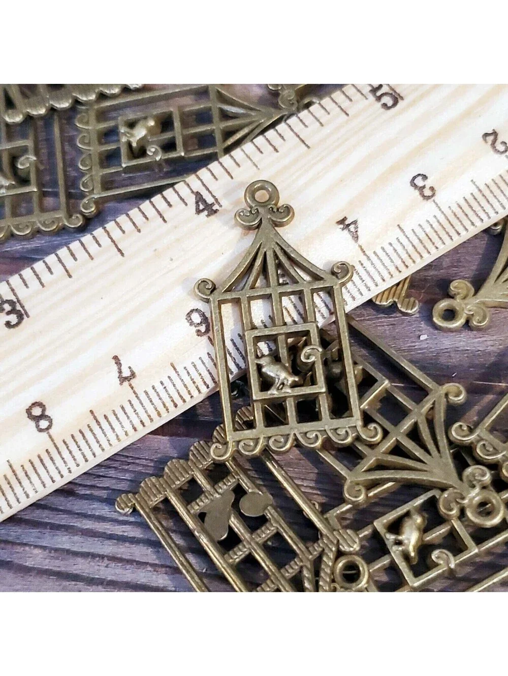 Antique Brass Pewter Art Deco Nouveau Bird & Cage Pendants 29x18mm 10 pcs